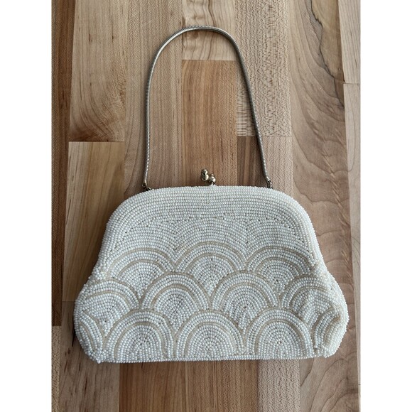 Dena of Dallas Handbags - Vintage 50/60's Small White Beaded Purse Handbag Single Handle Kiss Lock